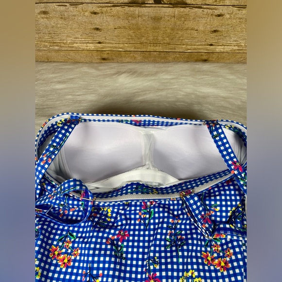 Lands End sz 2 Bandeau Dresskini Swimsuit Top Removable Straps Gingham Floral - Picture 6 of 8